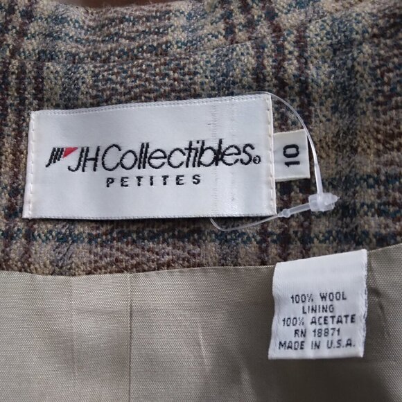 JH Collectibles | Vintage Plaid 100% Wool Blazer Lined Tan Blue | Size 10P - Picture 10 of 12